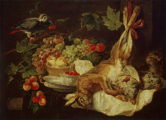 Ян Фейт. Заяц, фрукты и попугай. 1647